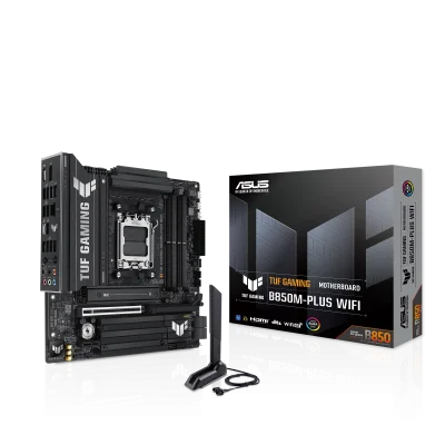 ASUS TUF GAMING B850M-PLUS WIFI AMD B850 AM5 DDR5 6400 DP HDMI 2X M2 USB3.2 AX WİFİ BT AURA RGB 2.5GBİT LAN MATX 128GB A KADAR RAM DESTEĞİ ASUS TUF PROTECTION ARMOURY CRATE